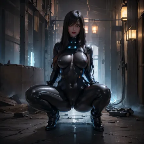 (masterpiece:1.1, Best Quality:1.1, 16K HDR, High resolution), (1girl in, Solo), (Gantz&#39;Reika Shimohira&#39;Ultra realistic portrait with no hair, Long hair, Latex bodysuit, realistic gantz suit, Detailed Gantz Suit, Black bodysuit, long boots, ultra g...