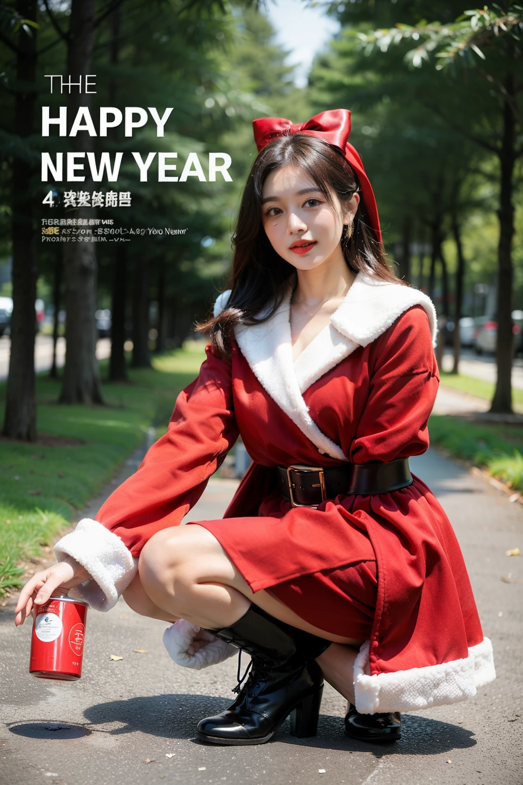The long、red christmas outfit、boots、With the text &quot;Happy New Year&quot;，the woods