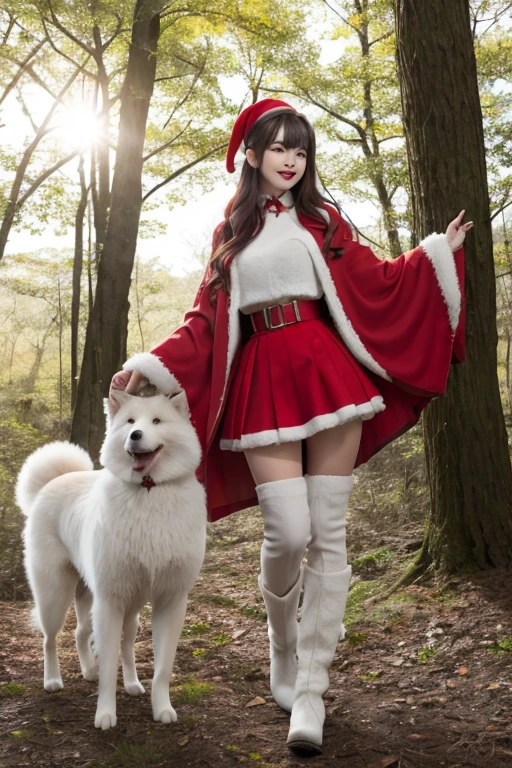 The long、red christmas outfit、boots、With the text &quot;Happy New Year&quot;，the woods