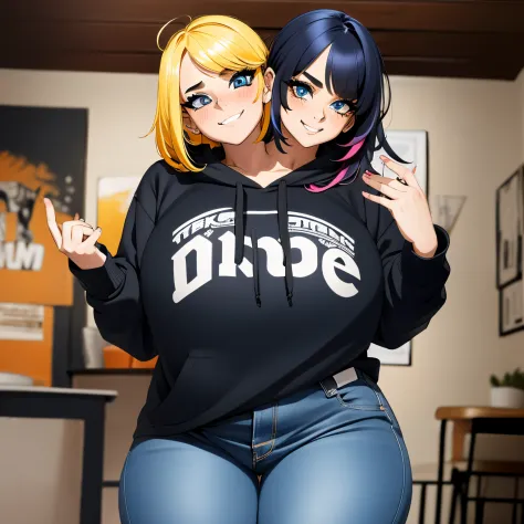 2heads, short chubby woman with 2 heads. Massive breasts. Teenager. In a big home. Hoodie with large colorful band logo. Jeans. ...