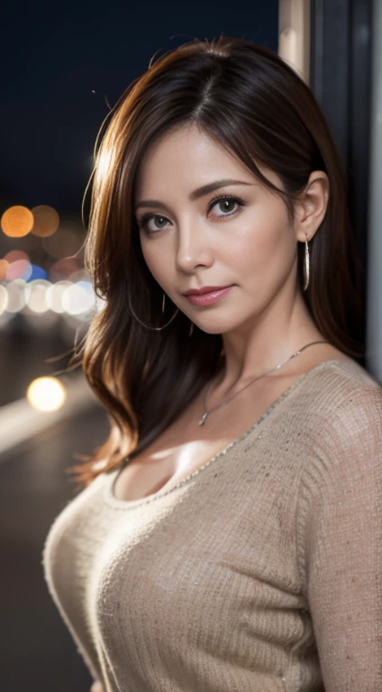 masutepiece, Best Quality, Photorealistic, Ultra-detailed, finedetail, High resolution, 8K Wallpaper, 1 beautiful woman, Middle Age Woman, 49 years old, A MILF, mature woman style,Wear casual business wear, great office, At night, light brown messy hair, Perfect dynamic composition, Beautiful detailed eyes