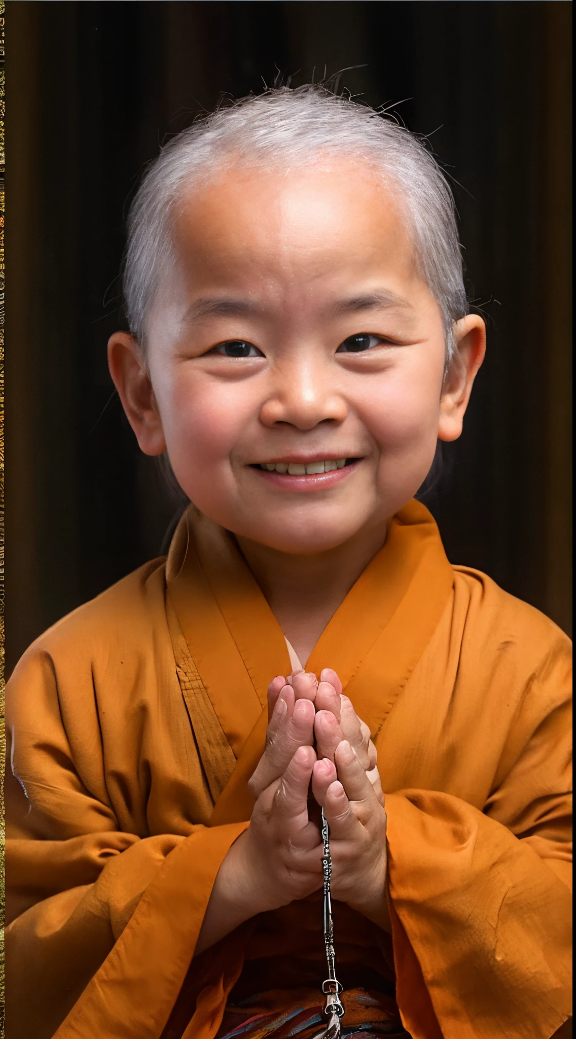 A little monk with an infant，I was holding hands，sitting cross-legs，Orange monk's robe，Facial features tailored to the viewer，black backgrounds