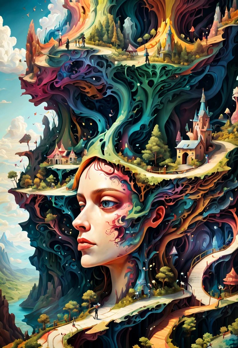 Surrealistic digital painting of an adventure land formed within the contours of a human head, imaginative elements, creating an atmosphere of tranquility, voluminous, mysteriously colored, lush soundtrack, octane rendering, 8k, richly detailed.