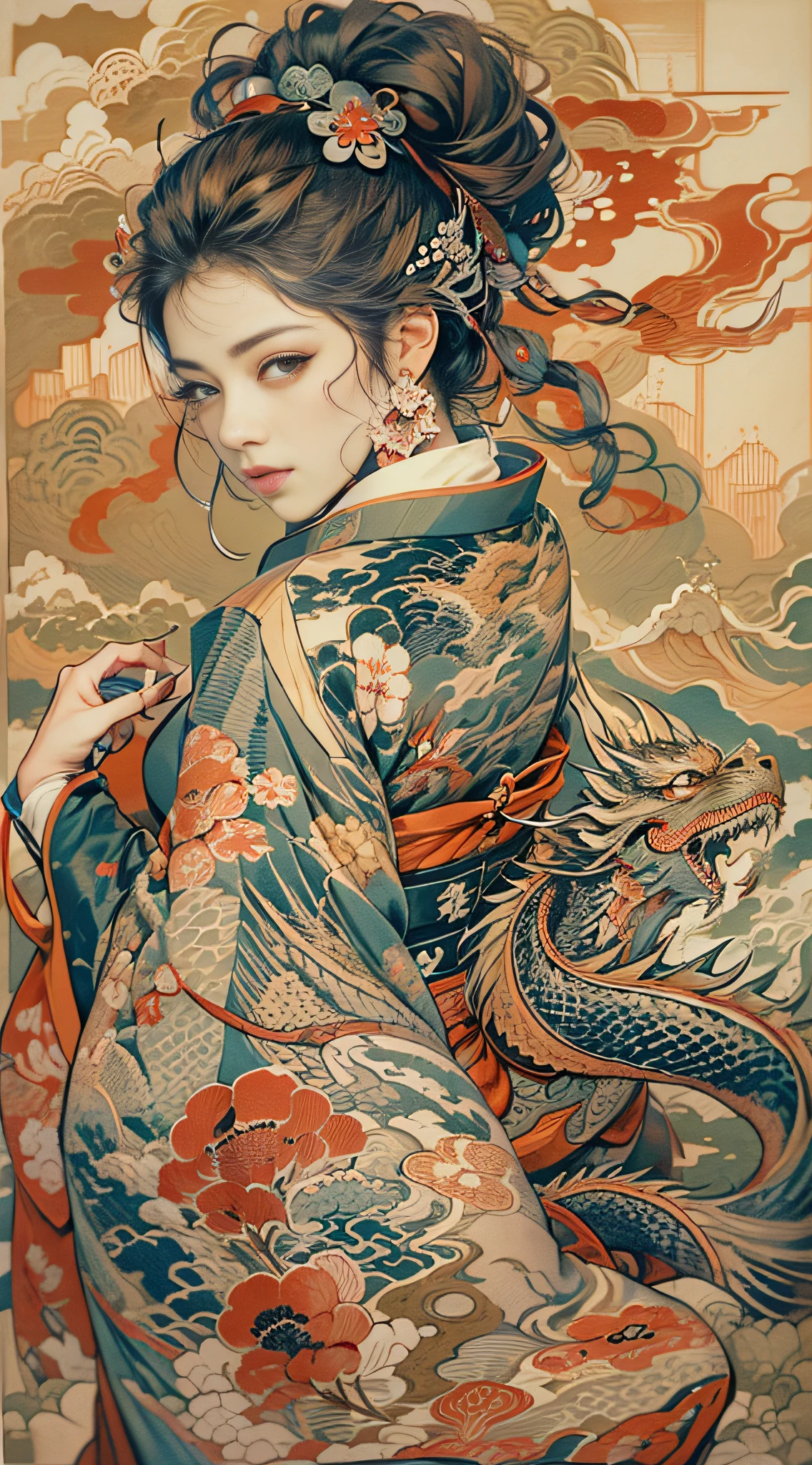 (Best quality,A high resolution,ultra - detailed,actual:1.3 likes, Japanese young lady’s back view，30-40 years old，Japan kimono，tattoo all over body，There is a dragon tattooed on the whole back，dragon head tattoo on back，dragon professional,Impressionistic style,vibrant with colors,Warm color palette,natural  lightting,Close-up cleavage,detailedfacialfeatures, Delicate brushstrokes, expressive brush strokes, subtle texture, with a calm expression, traditional painting, beautidful eyes, beautiful detailed lips, Gentle gaze, brunette，floated hair, Japan kimono，Classic background