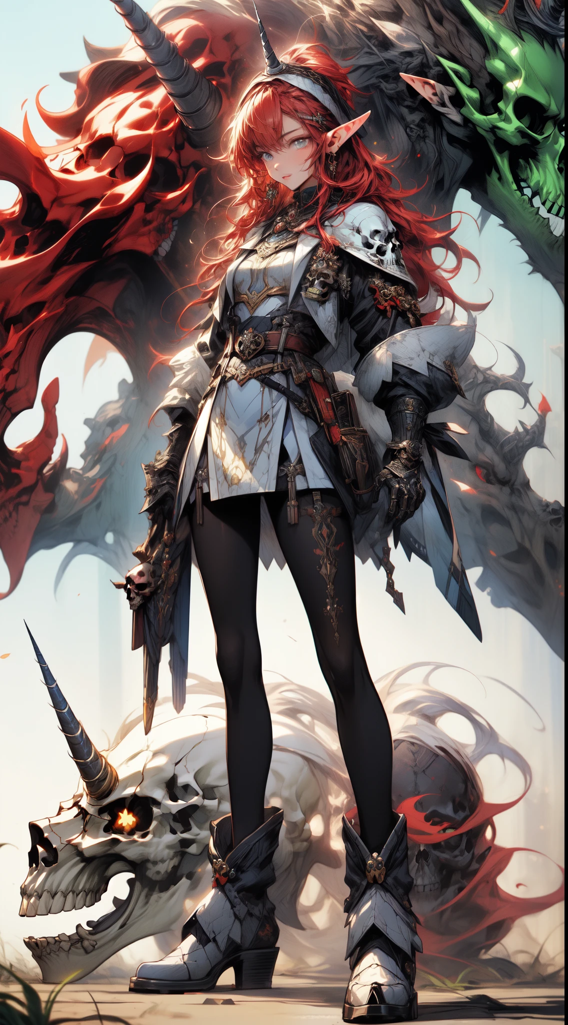 (((masterpiece, best quality))),  (elf), (1girl), solo,  Bangs,  red tinted hair，((Kirin X cyberskull armor))，long black glovelack pantyhoses，Handsome standing with white boots, art style by Artgerm, by Kawacy, By Yusuke Murata