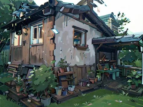 Old house, with terrace, made of old wood, detailed, make it as close to the image as possible, anime style