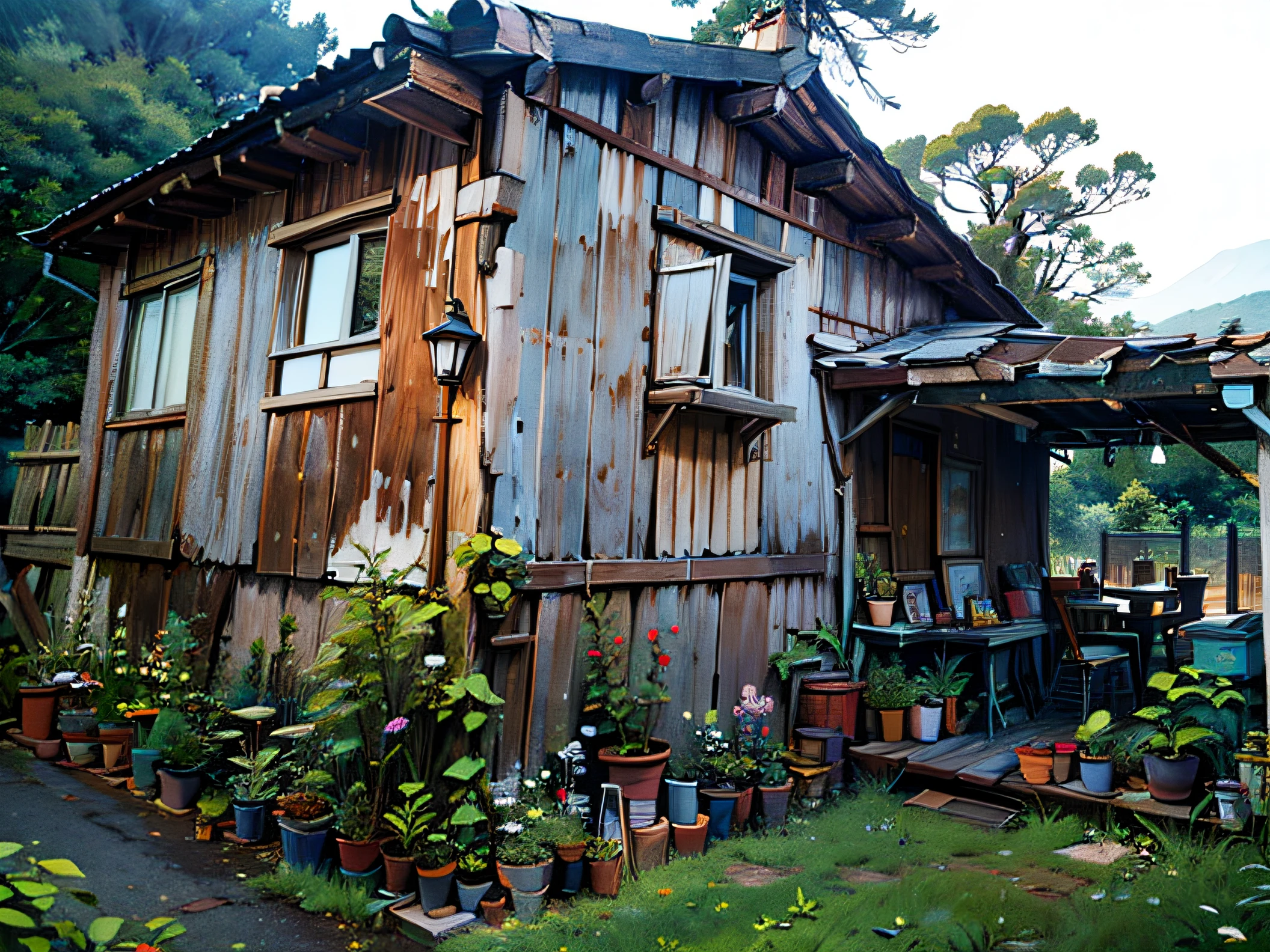 Casa Antiga, com terraço, feito de madeira velha, detalhado, deixe-o o mais próximo possível da imagem, estilo anime