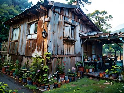 old house, with terrace, made of old wood, detailed, make it as close to the image as possible, anime style