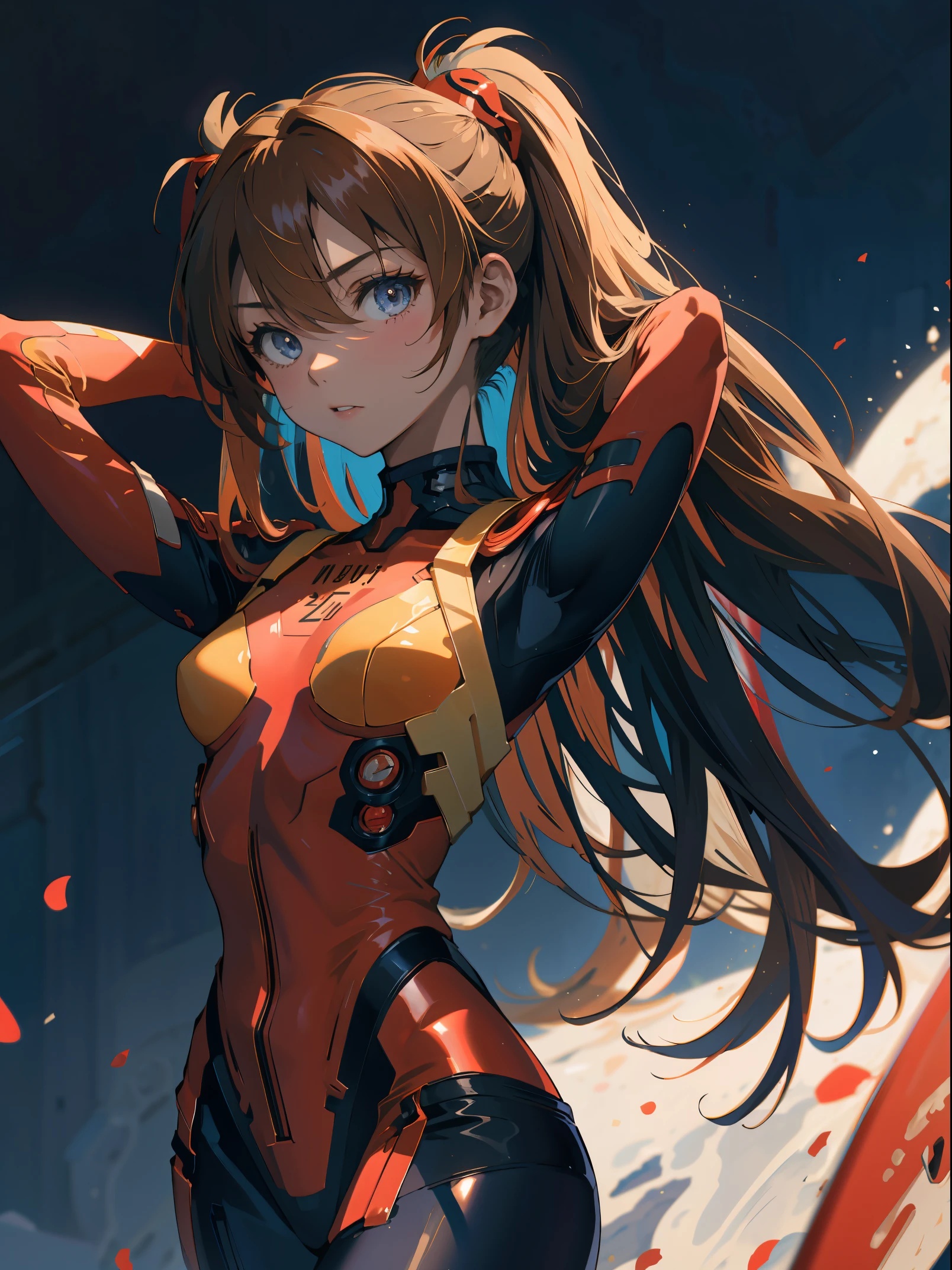 Souryu Asuka Langley, (masutepiece, Best Quality, Detailed), 1girl in, Solo, Arms behind your head, Cowboy Shot, Interface headset, Red bodysuit, Simple background.