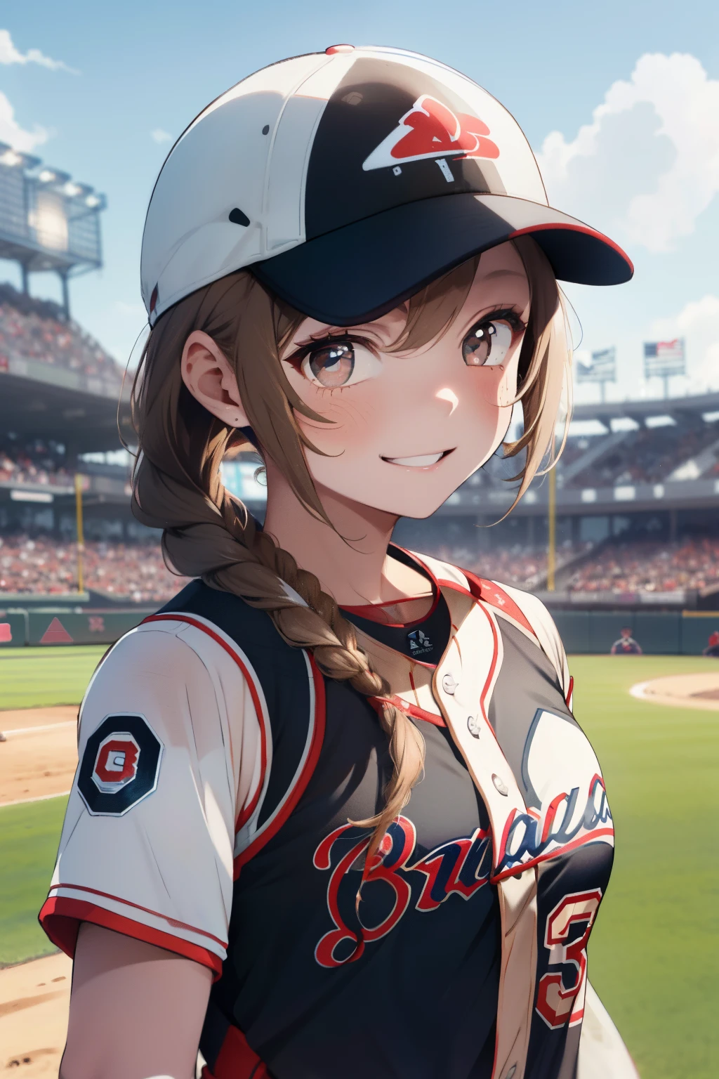 ((cabelo castanho claro)),((Cabelo curto trançado)),((com olhos negros)),Maré ligeiramente vermelha,(Uniformes de beisebol:1.5),campo de beisebol ao ar livre,Sorriso feliz,(Segurando uma bola de beisebol na mão:1.25),(uniforme de cor azul e branco:1.05),(Céu azul claro:1.2),(brisa agradável:1.25),