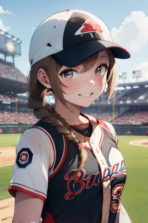 ((Pale brown hair)),((Braided shorthair)),((With black eyes)),Slight red tide,(Baseball Uniforms:1.5),outdoor baseball field,Hap...