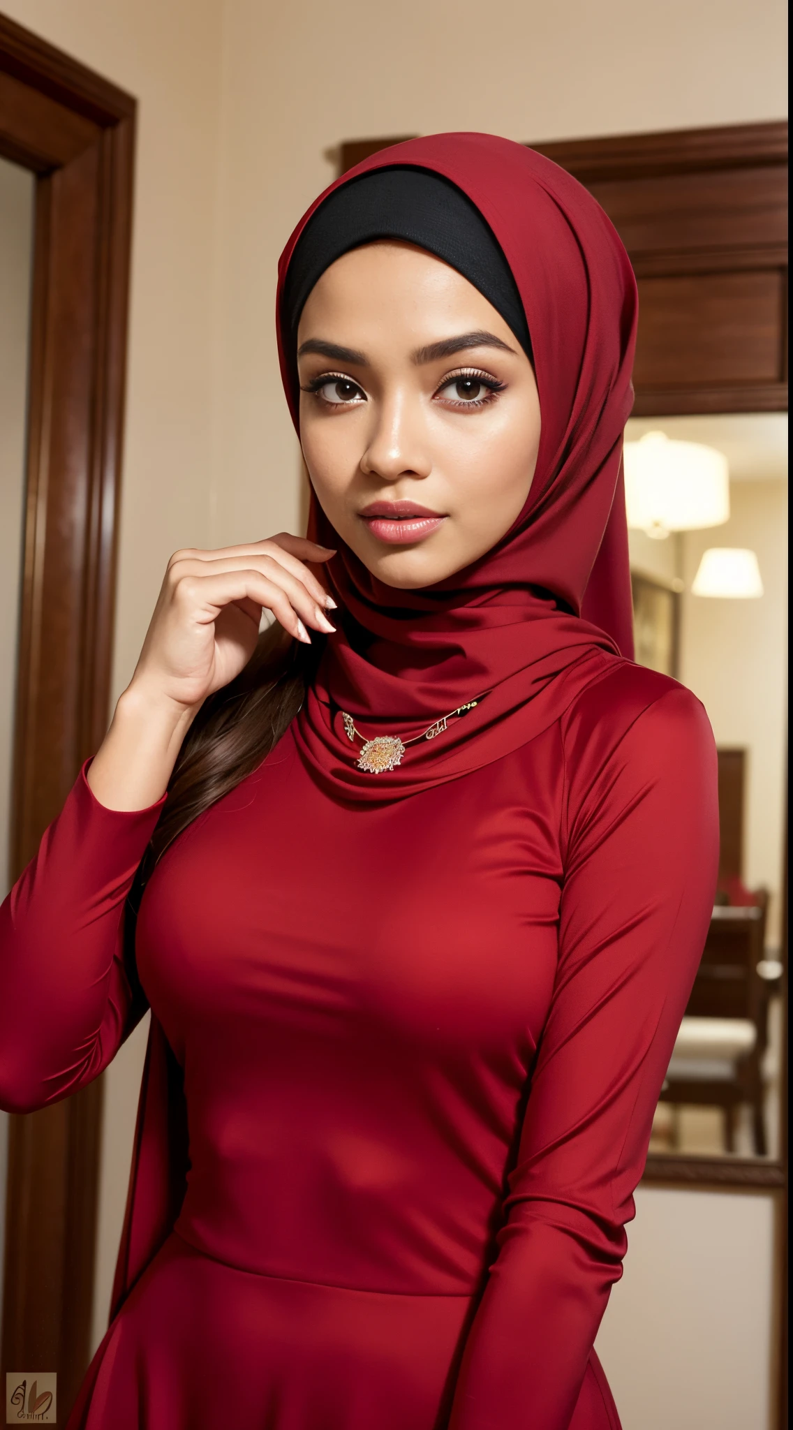 RAW, Best quality, high resolution, masterpiece: 1.3), beautiful Malay woman in hijab,Masterpiece, perfect slim fit body, Huge breast,big gorgeous eyes, Soft smile, woman in a red dress and a red scarf, maroon red, wearing red attire, wearing beautiful clothes, beautiful design, hijab, in crimson red, very beautiful enga style, beautiful masterpiece, fine details. red, wearing gorgeous clothing, dominating red color, crimson themed , (Delicate turtleneck) , necklace, shairband, afternoon walk, City garden, Excellent lighting, Bright colors, Clean lines