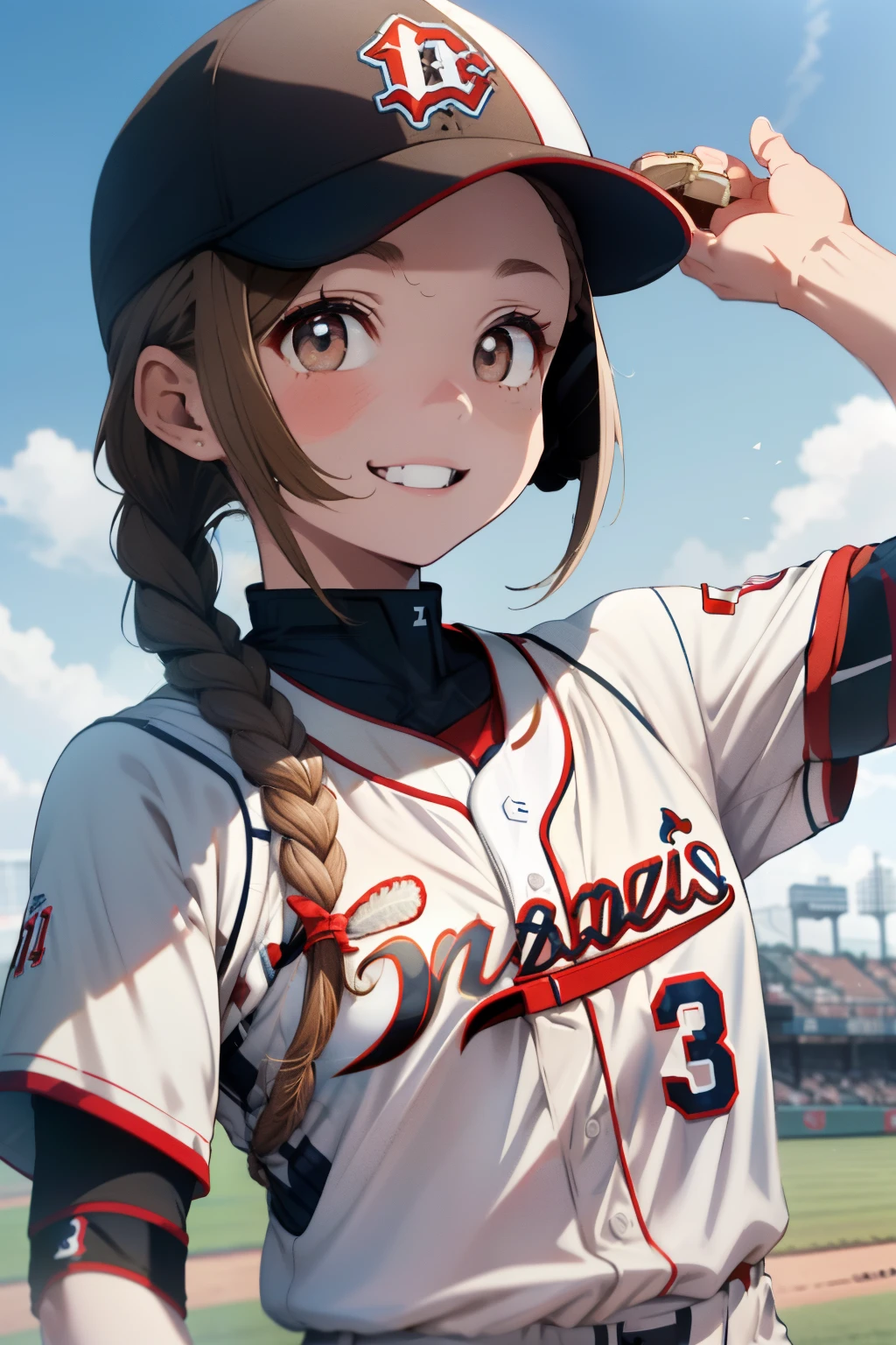 ((cabello castaño pálido)),((pelo corto trenzado)),((CON OJOS NEGROS)),Ligera marea roja,(uniformes de beisbol:1.5),campo de béisbol al aire libre,sonrisa feliz,(Sosteniendo una pelota de béisbol en tu mano:1.25),(uniforme de color azul y blanco:1.05),(cielo azul claro:1.2),(brisa agradable:1.25),