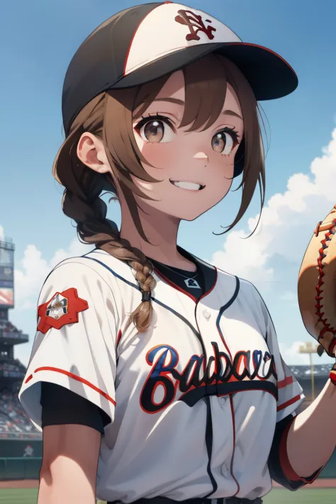 ((pale brown hair)),((braided shorthair)),((with black eyes)),slight red tide,(baseball uniforms:1.5),outdoor baseball field,hap...