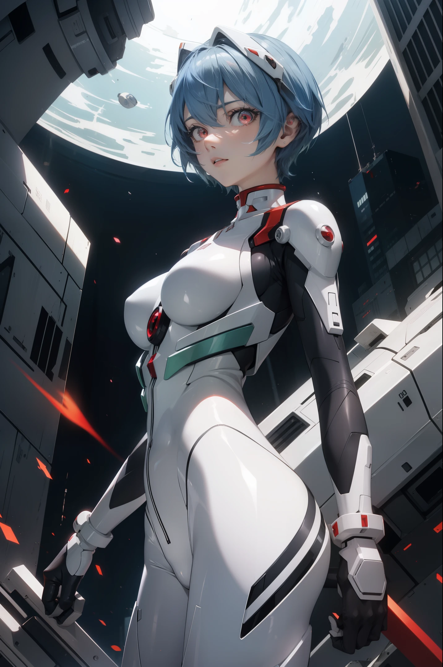 レイヤナミ, Rei Ayanami, 青い髪, ショートヘア, (赤い目:1.5),
ブレイクボディスーツ, ヘッドギア, プラグスーツ, 白いボディスーツ,
壊す outdoors, 市,
壊す looking at viewer, 
壊す (テーブルトップ:1.2), 最高品質, 高解像度, ユニティ 8k 壁紙, (図:0.8), (美しい細部までこだわった目:1.6), 非常に詳細な顔, 完璧な照明, 非常に詳細なCG, (完璧な手, 完璧な解剖学),