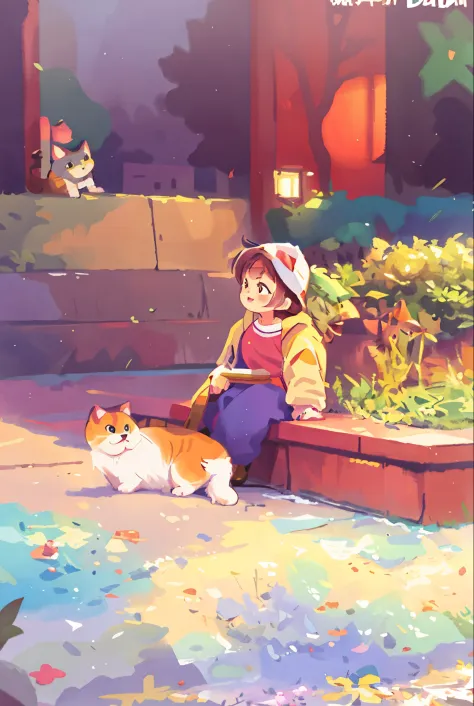 There is a little boy sitting on a bench wearing a puppy hat, there is a cat next to her,
