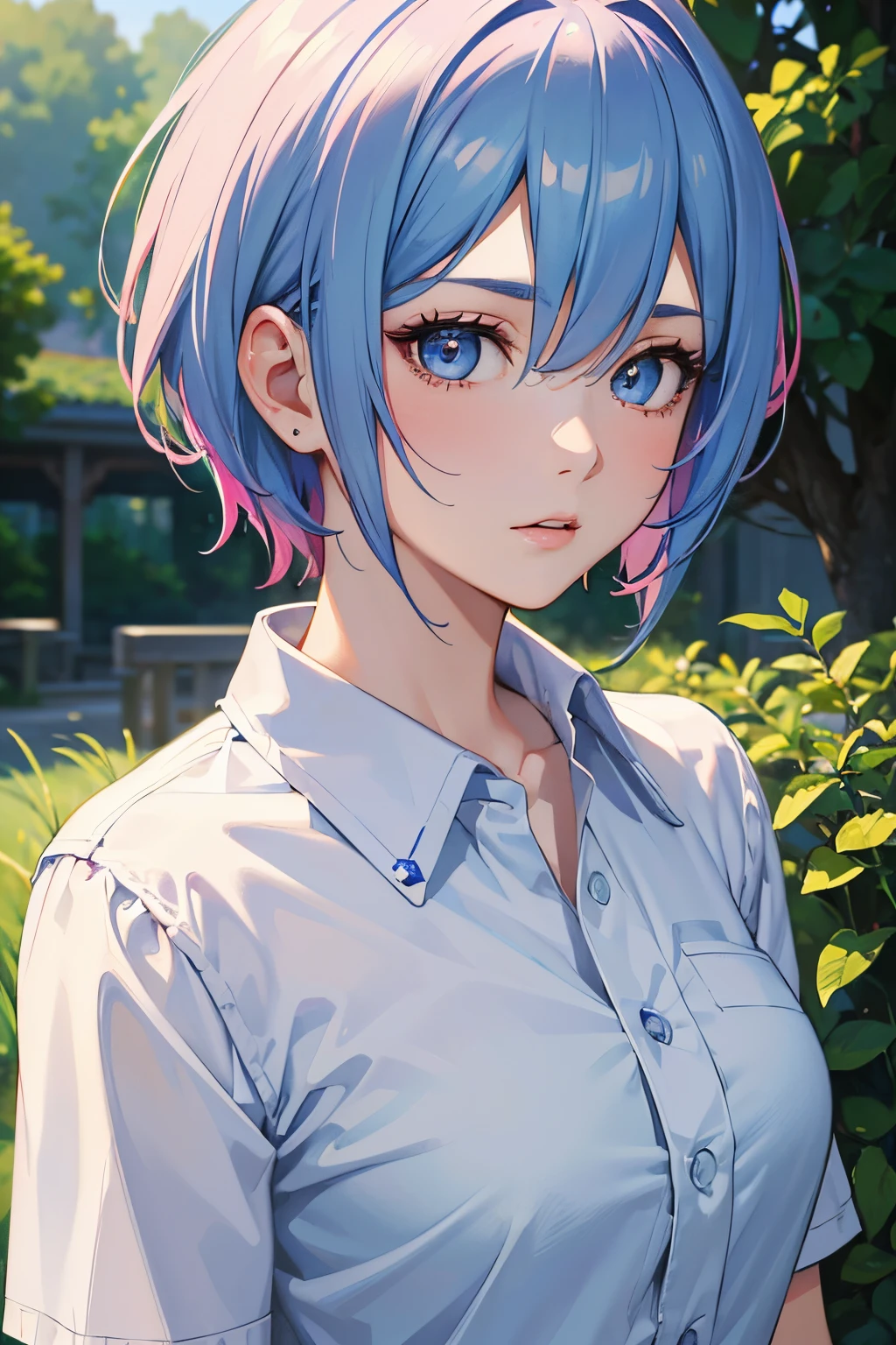 masterpiece, best quality, 1girl, blue hair with pink highlights, short hair, hime cut, blue eyes, white shirt, empty background, detailed eyes, detailed facial features, realistic and high resolution (best quality, 4k, 8k, highres, masterpiece:1.2)