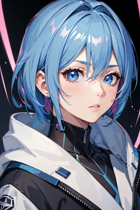 masterpiece, best quality, 1girl, blue hair with pink highlights, short hair, hime cut, blue eyes, hoodie, techwear, detailed ey...