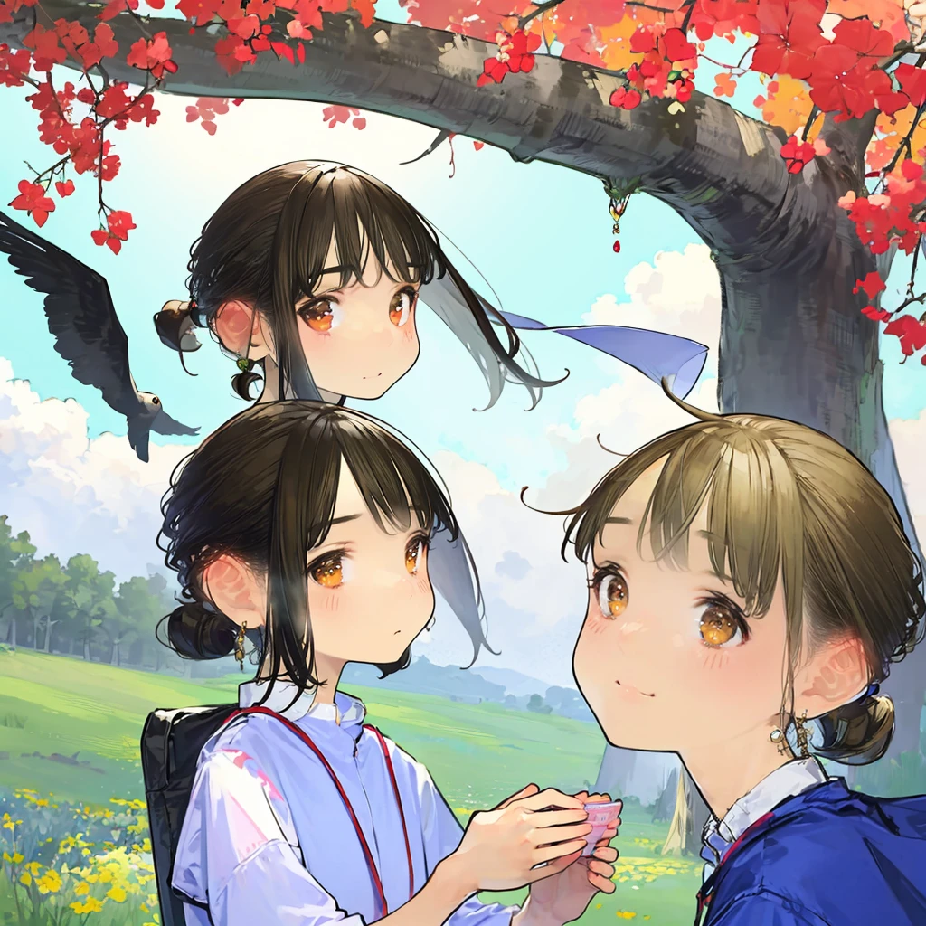 relaxing style, Warm atmosphere, masterpiece, best quality, ultra detailed beautiful face and eyes, girl with, Anime style, (A girl looking at the sky feeling refreshed by the pleasant wind and beautiful sky), springtime, sitting, A small bird is flying, suns, wildflowers, during a long journey, break, rivulets, small bridge, Relaxed smile