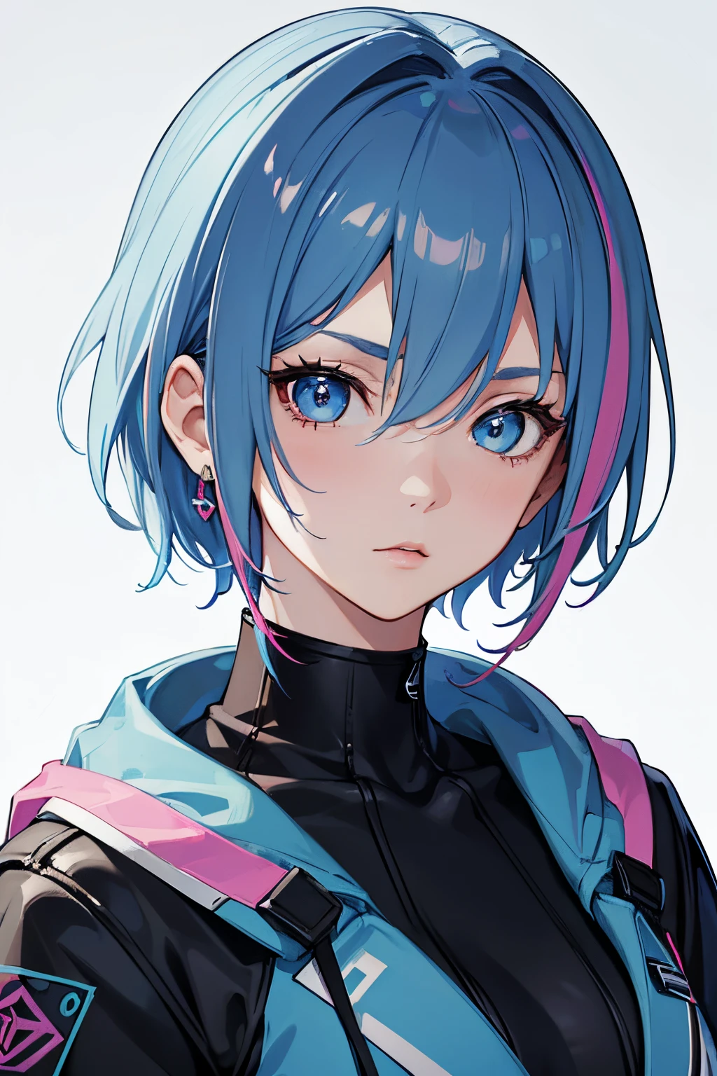 masterpiece, best quality, 1girl, blue hair with pink highlights, short hair, hime cut, blue eyes, hoodie, techwear, close up, empty background, detailed eyes, detailed facial features, realistic and high resolution (best quality, 4k, 8k, highres, masterpiece:1.2)