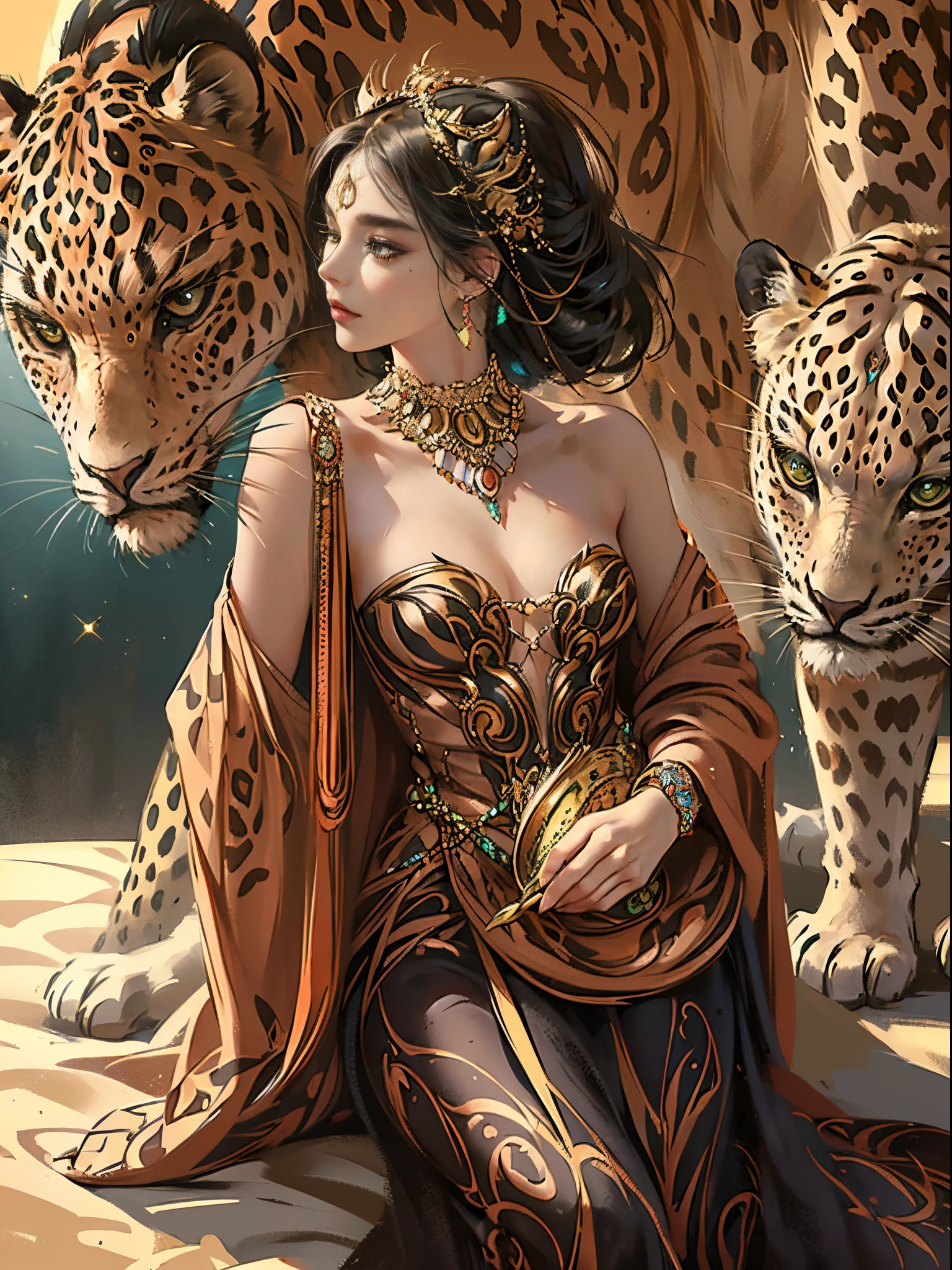 motivo de leopardo、colores vibrantes、((​obra maestra)))、(((de primera calidad)))、((ultra detallado))、(Un hiperrealista)、(Ilustración CG muy detallada）、Arte oficial、Tierra de África、espléndido、Elegancia、Elegancia suprema、exotismo、Decadente、Piel morena、belleza negra、Fascinante、La mejor mascarada de belleza、amenaza sofisticada、espléndido、Diseño de máscara colorido y detallado.、belleza incomparable、ojos extremadamente detallados y hermosos、mujer de unos 30 años、tu fan、joyas brillantes、mujer sola、ángulo perfecto、composición perfecta、Contornos bien formados、Un leopardo cerca