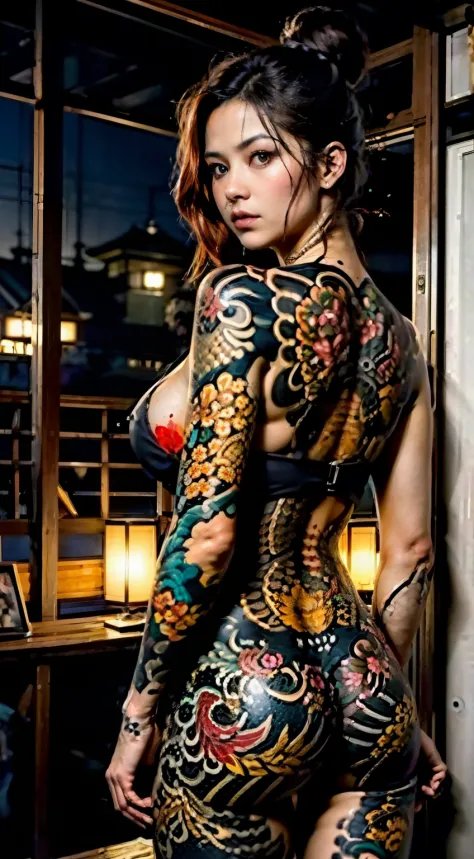 8k, Masterpiece, (photorealistic:1.5), a artistic portrait from behind of ((a japanese yakuza girl) wearing nothing), tattoo on back, expose back tattoo, exposed face, bare shoulders, exposed huge breast,  beautiful skin, slim fit body, cute face, lovely l...