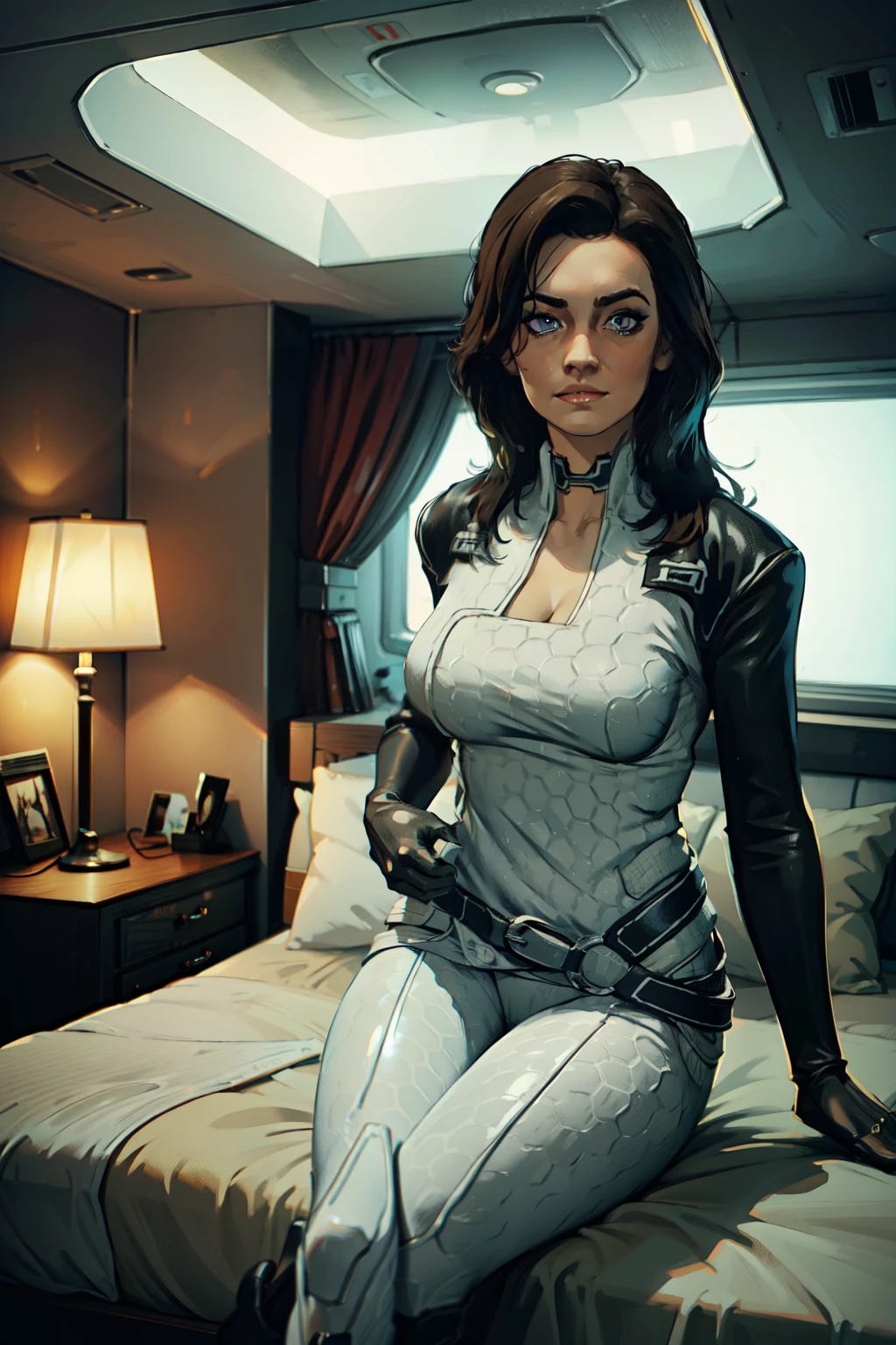 masterpiece, high detailed, best quality, highres:1.2, 1girl, solo, mature girl, Miranda Lawson, black hair, long hair, blue eyes, bodysuit, choker, gloves, belt, boots, large breasts, cleavage, looking at viewer, indoors, spaceship interior, bedroom, sitting on bed, sexy pose, natural feminine hands, natural legs, crossed legs, full body shot