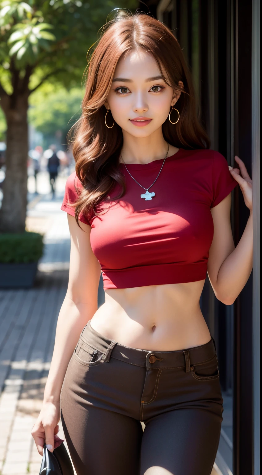 8K, masutepiece, Raw photo, Best Quality, Photorealistic, Highly detailed CG Unity 8k wallpaper, depth of fields, Cinematic Light, Lens Flare, Ray tracing, (Extremely beautiful face, Beautiful lips, Beautiful eyes), intricate detail face, ((Ultra detailed skin)) 1girl in, In the Dark, deepshadow, Pretty Korean girl, Kpop Idol, 1 girl, (Very slim and slender fit muscular body:1.3), ((Looking at Viewer)),(Big smile:1.3), (tight orange pants), (Laced pants),  (No people in the background:1.3), Beautiful earrings, Bracelets, Necklace, pantyhose, Clear eyes, Walking , Front shot, (pale skin), (big eye ace forward, (Full body shot), ((silk hot red shirt)), (Brown hairs),  (Looking at Viewer:1.3) Very slim, medium breasts,