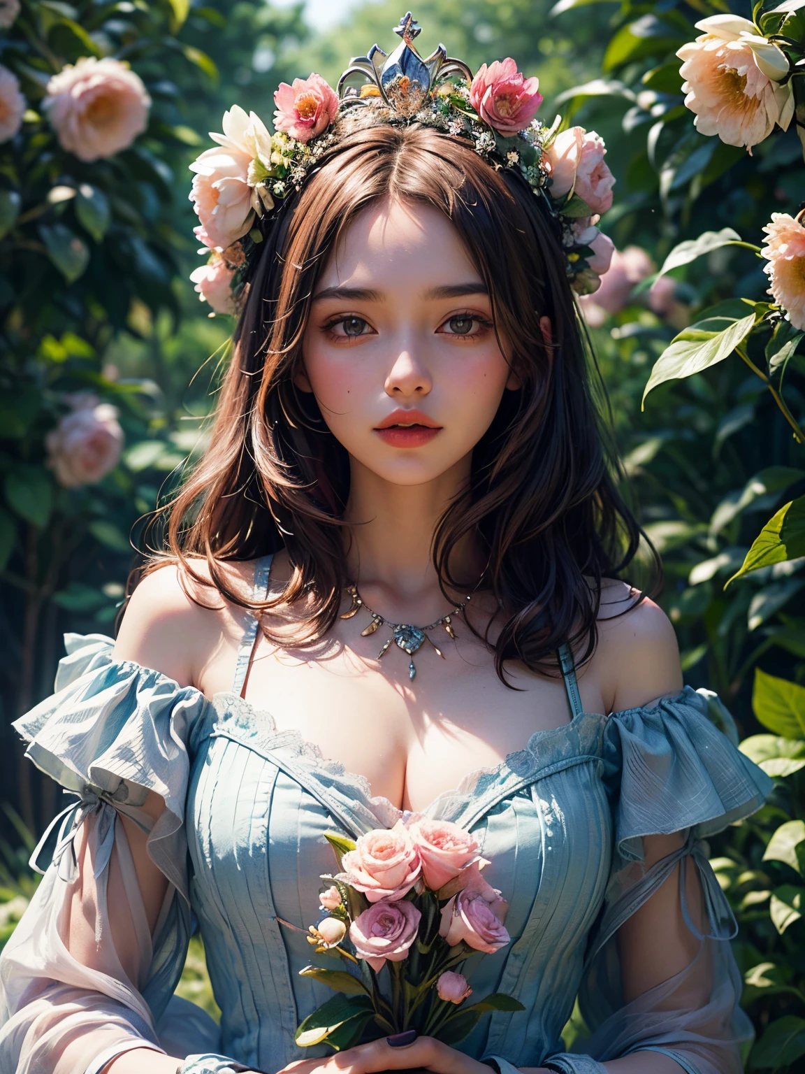 (A girl wearing a crown made of blooming flowerlooming flowers,embodying the harmony between nature and human creativity,High detail,  hyper HD, Best quality，artworks，high high quality，8K