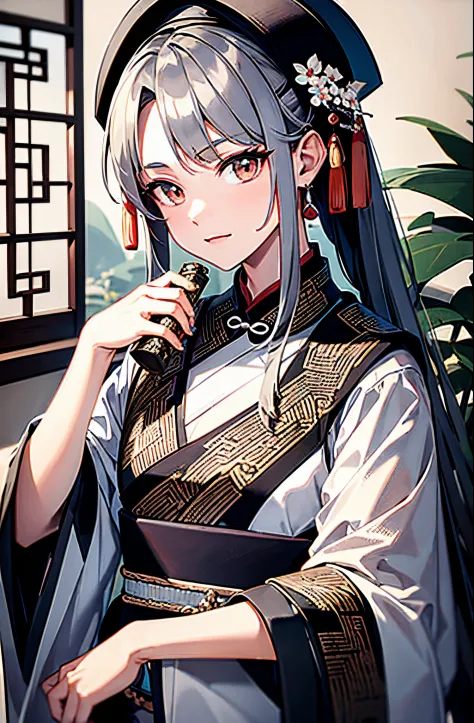 ancient chinese beauti，holding a scroll，gray hair，tmasterpiece, ultra - detailed, epic work, high high quality, best quality at ...