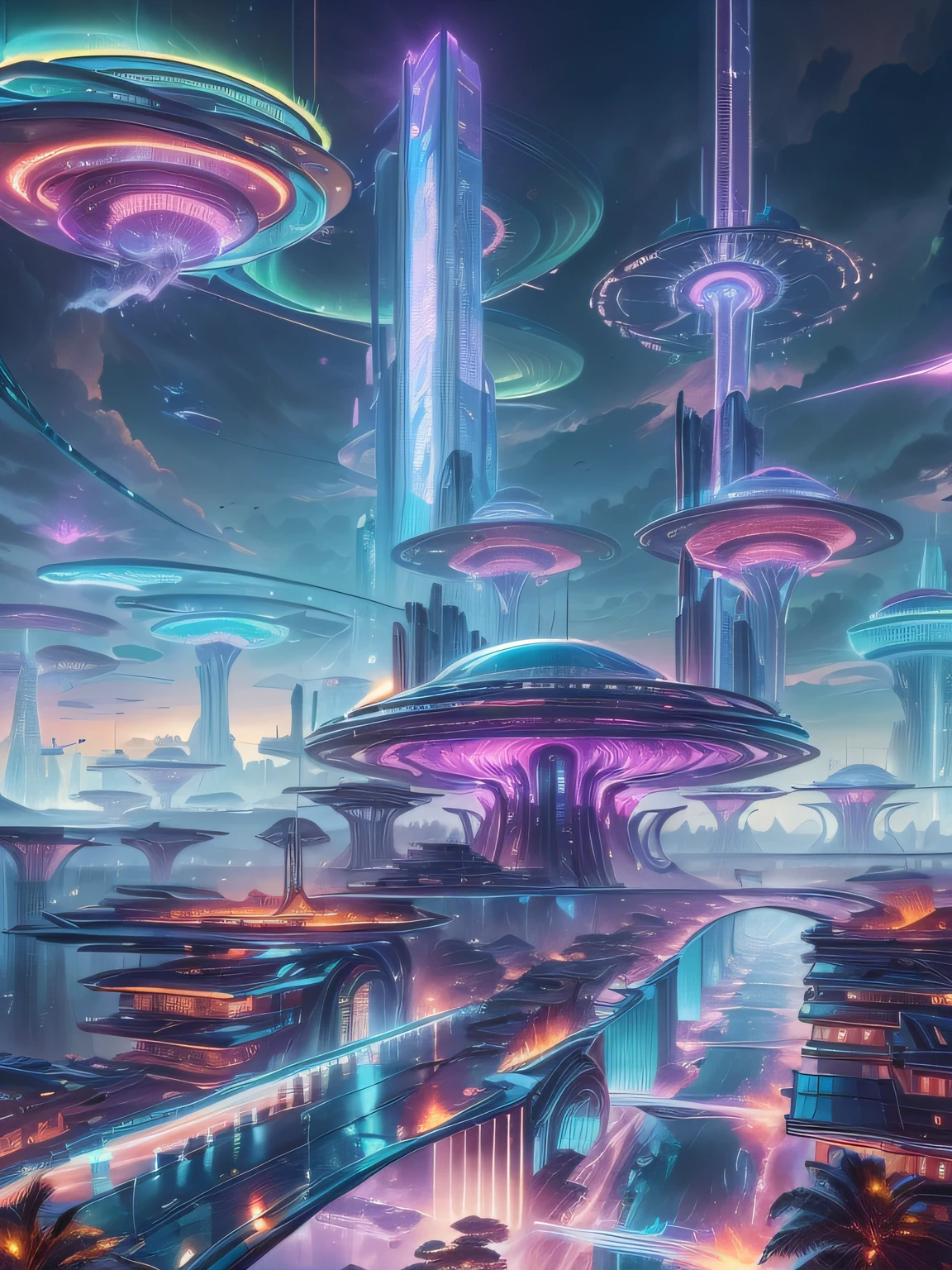 (Best quality,4K,8K,A high resolution,tmasterpiece:1.2),ultra - detailed,(actual,realistically,realisticlying:1.37),Future floating city,future-tech,City on a huge high-tech flat platform,airships,floating in sky,The cities of the future,around the airship,High-tech hemispherical platform,Colorful lights,Advanced architecture,modernn architecture,skyscrapper,Reach the cloud,amazing views, The landscape,Impressive design,Blend seamlessly with nature,energetic and vibrant atmosphere,The future of transportation ,Hanging parking,transparent channel,Lush greenery,Sky gardens,waterfall man,Magnificent skyline,reflections on the water,Sparkling river,Architectural innovation,Future skyscraper,Transparent dome,Unusual shape of the building,elevated walkway,Impressive skyline,glowing lamps,future-tech,minimalist design,Scenic area,in a panoramic view,Cloud Piercing Tower,vibrant with colors,epic sunrise,epic sunset,Dazzling light display,magical ambiance,The city of the future, Utopian,Luxury lifestyle,Innovative energy,sustainable development,Smart city technology,Advanced infrastructure,Peaceful atmosphere,Nature and technology coexist in harmony,Amazing city views,unprecedented planning,Seamless connection between architecture and nature,High-tech metropolis,Cutting-edge engineering marvels,Life in the future,Visionary architectural concept,Energy-efficient buildings,Harmony with the environment,city floating above the clouds,Utopian dreams become reality,The possibilities are endless,State-of-the-art transportation network,Green energy integration,Innovative materials,Impressive holographic display,advanced communications,Stunning aerial view,Quiet and peaceful environment,modern aesthetics,EtherealBeauty