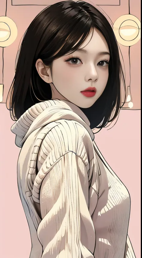 (masutepiece,best:1.4),light effect,superclear, Haute，Ultra Definition Images, (Front face) Solo, Kim Ji-ni Jennie face，black ball head，Wear a knitted sweater，knit show toronto face，ID photo，white backgrounid