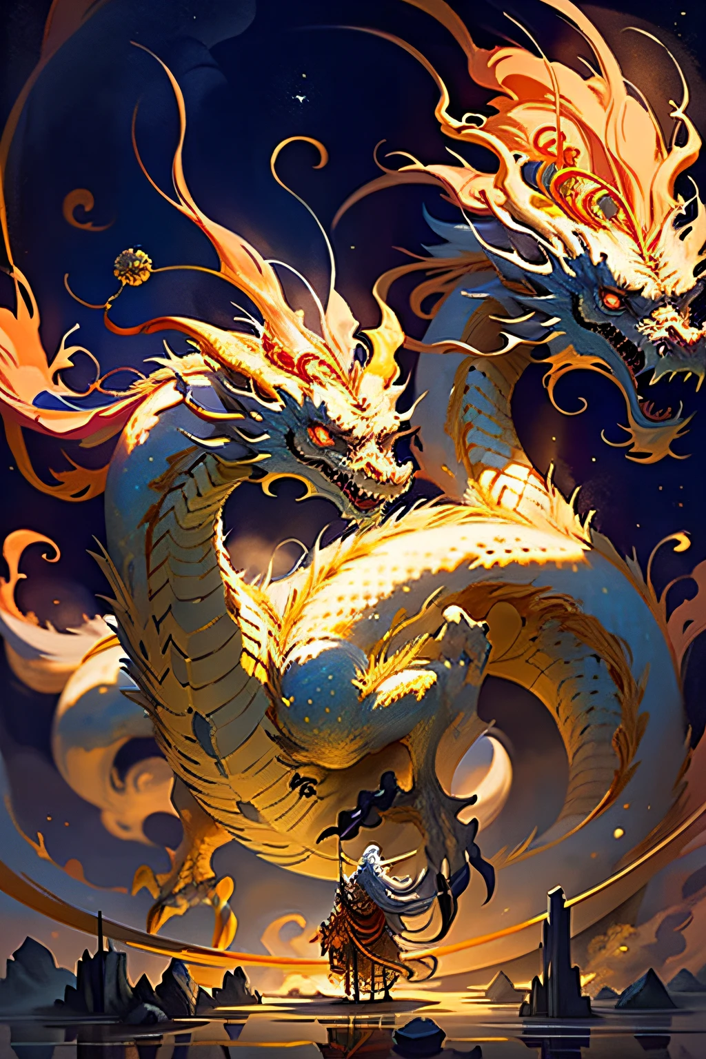 With a golden theme，Best quality at best，tmasterpiece，超高分辨率，Japanese dragon，Climb into the sky、​​Clouds clouds、（longing for big breasts：1.2），（finely：1.2），Long gray haing，red eyeucktooth，immensity，A bird，outside of house，Stood up，rolled in hops，jumpping，Claudia，from back，armour，sky sky，with her mouth open，faceoff，Gather strength，Ogre，White hair，buliding，vale，（The texture is very real：1.2），（Glowing colorful scales：1.2），（Real details：1.2），north african free trade area，Ultra-detailed 3D modeling，like tim burton、dale chihuly、Xiaolongcheng、Cyril Rolland and Writer，Small etc.. Giger’s painting style is equally magical。Light and shadow intertwined，produce great results。