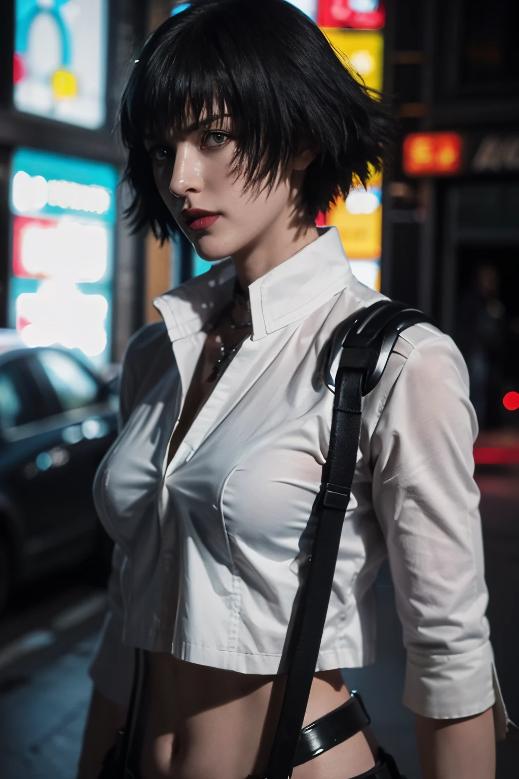 Close-up of a woman holding a gun on a white background, Female cyberpunk girl, cyber punk Girl, Letty in Devil May Cry,White top，denim short，Belt decoration，blue color eyes， Guweiz style artwork, author：Hero, guweiz, cyberpunk angry gorgeous goddess, Female anime characters, cyber punk Girl, Cyberpunk 20 years old. oh oh oh，Model girl, jet black haired cyberpunk girl