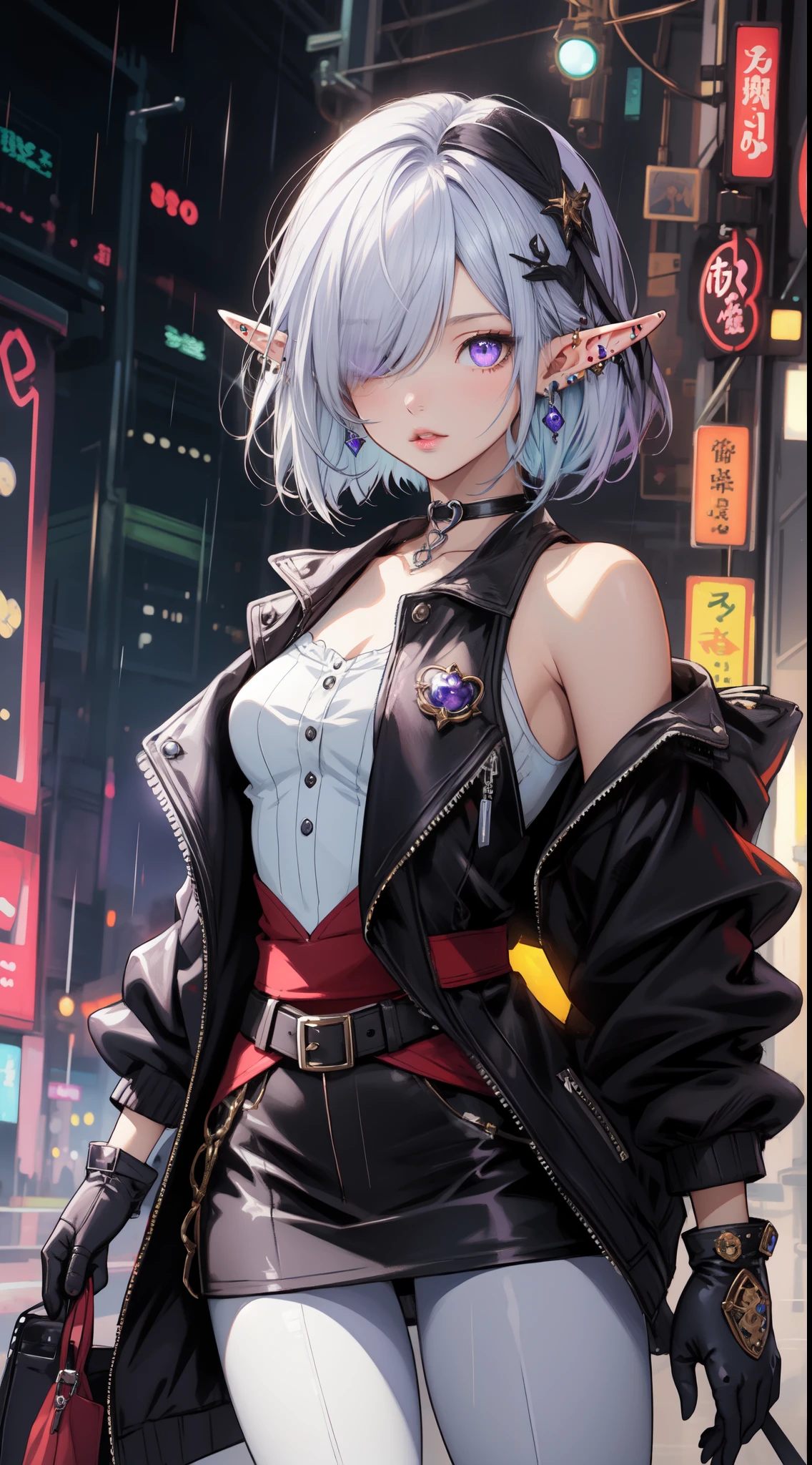 ((masterpiece)), ((best quality)), ((highres)), ((detailed background)), (elf), (1girl), cute girl, ((rock jacket)), black clothing, Bob cut hair, parted bangs, (hair over one eye), white hair, violet eyes, insanley detailed face and eyes, Perfect lips, (ear piercing), glowing, choker, dress, pantyhoses, cowboy shot with white boots, rainy, gloves, bare shoulders, fantasy painting  by Artgerm, by Kawacy, by Yusuke Murata,