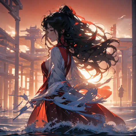 "beautiful girl standing on a circle, holding a book (((facing the audience))), wearing a flowing red dress, gently swaying in t...