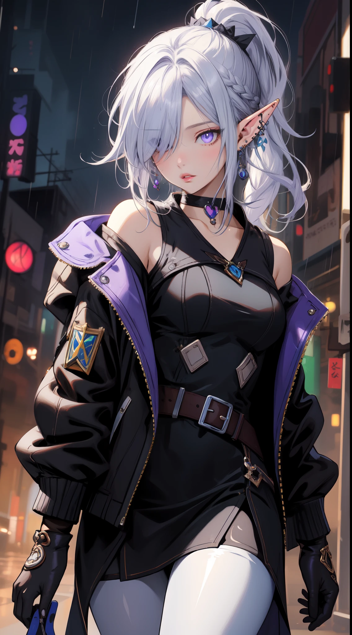 ((masterpiece)), ((best quality)), ((highres)), ((detailed background)), (elf), (1girl), cute girl, ((rock jacket)), black clothing, low ponytail hair, parted bangs, (hair over one eye), white hair, violet eyes, insanley detailed face and eyes, Perfect lips, (ear piercing), glowing, choker, dress, pantyhoses, cowboy shot with white boots, rainy, gloves, bare shoulders, fantasy painting  by Artgerm, by Kawacy, by Yusuke Murata,