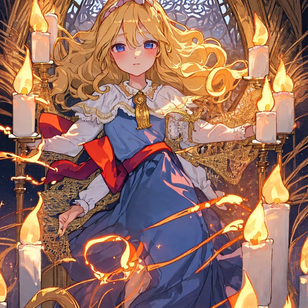 Create an image of a serene, youthful girl in an atmospheric evening setting. She should have soft, shoulder-length blonde hair with gentle curls, illuminated by the golden glow of candlelight. Her eyes are a warm hazel, filled with a reflective expression. She wears a white blouse with ruffled sleeves and a deep navy blue skirt with a red sash tied at the waist. The blouse has subtle lace detailing at the collar and cuffs. Around her, the scene is set with an array of lit candles, their flames steady and bright against the twilight. The background is a dusk sky, sprinkled with stars, visible through an ornate window frame that adds a gothic touch to the ambiance. The air carries the quiet of a tranquil night.