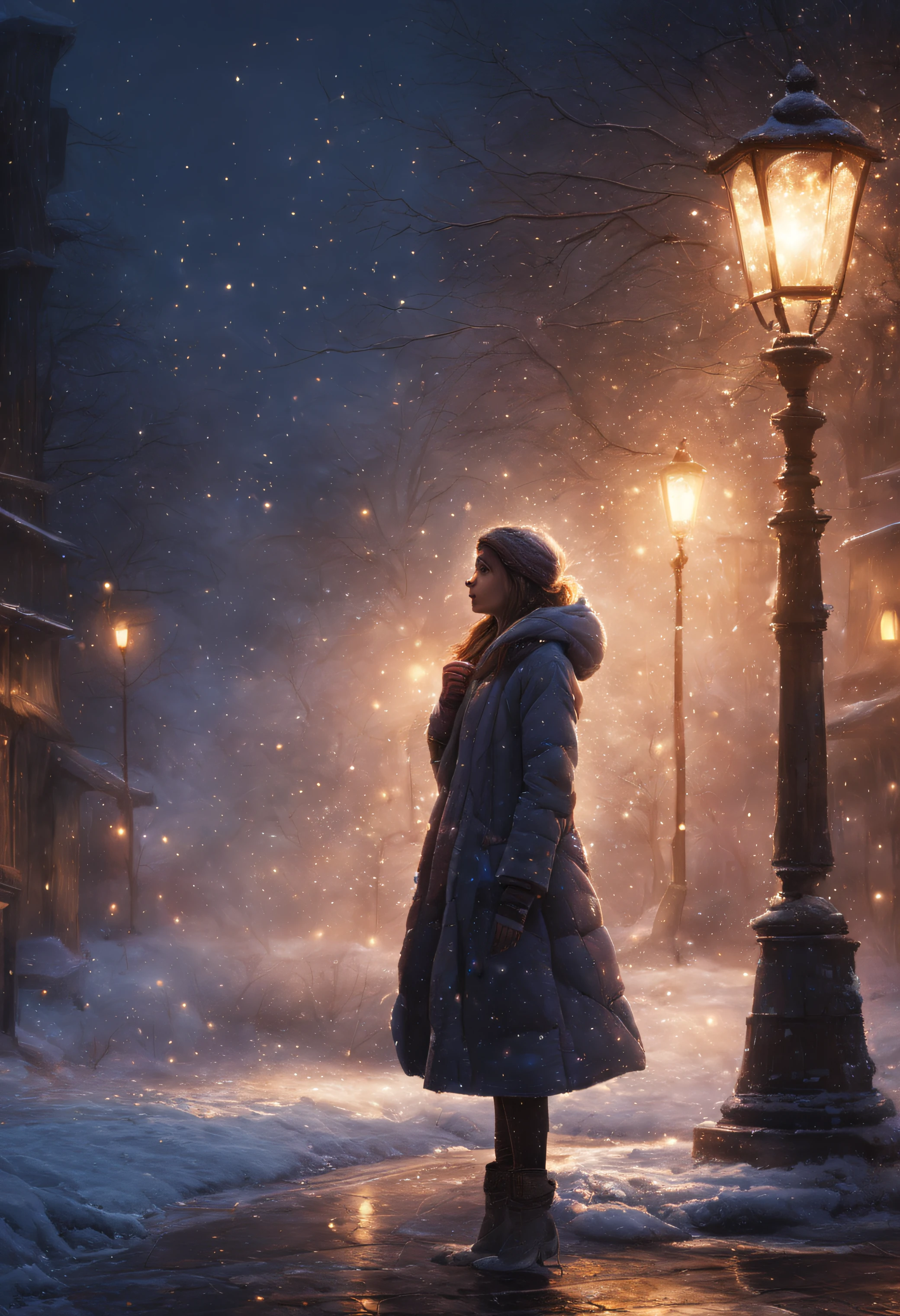 En saison de neige légère, L&#39;illustration comprend、Une fille est représentée appuyée contre un lampadaire dans le coin droit de la toile.. la fille est debout là, souffle un souffle chaud sur sa main, Il fait froid dans une atmosphère froide，détails complexes，Éclairage volumétrique BREAK（chef-d&#39;œuvre：1.2），（meilleure qualité），4k，ultra - détaillé，（compositions dynamiques：1.4），Beaucoup de détails，pléthore de couleurs，（Couleur irisée：1.2），（avec une lumière brillante，éclairage d&#39;ambiance），rêve magique，magique，(seulement：1.2)