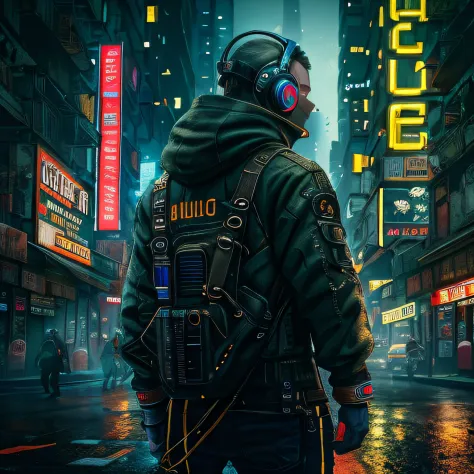 the street, cyber punk personage, steampunc, of a man, from back, look at the skyscrapers, long, are in the center, medium dista...