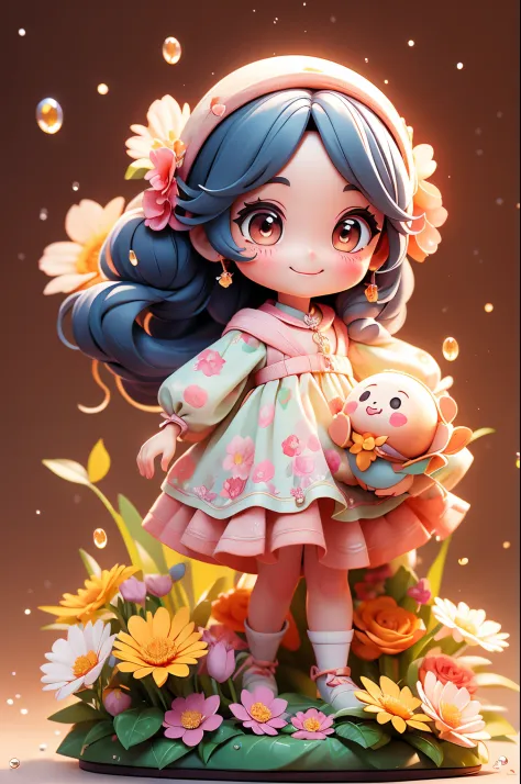 photoRealstic、Doll standing in front of the painting（nendroid）、A smile、Water droplets on the cheeks、In a cute pose、watercolor Ne...
