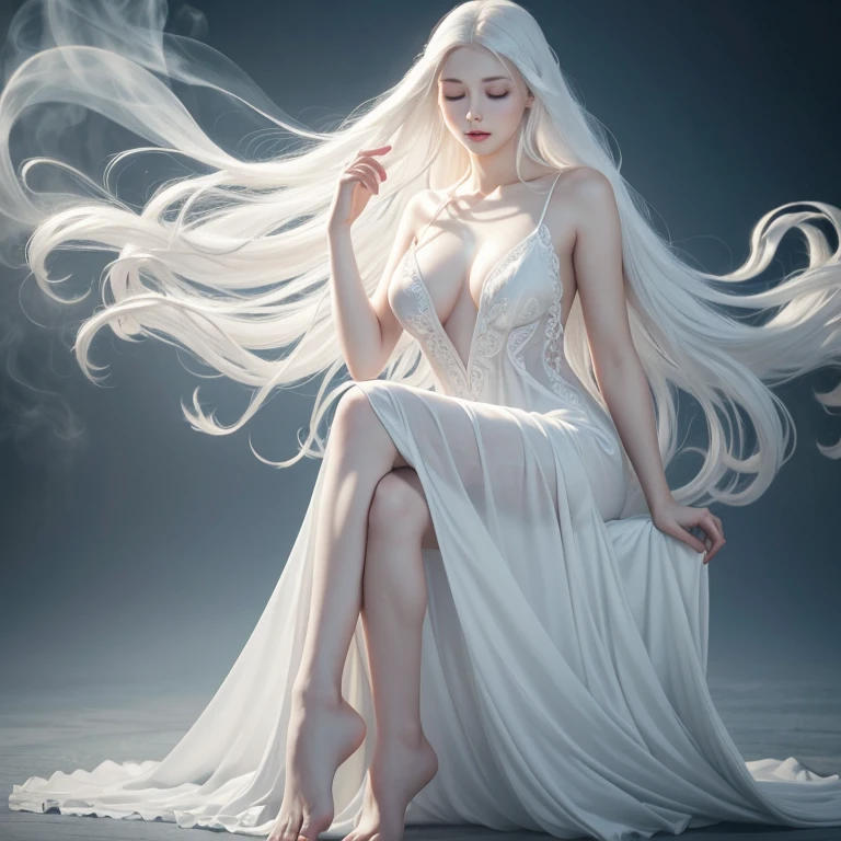 (best quality, HD:1.2), ultra-detailed, (realistic:1.37), beautiful girl with angelic face, elegant white long dress, long floating white hair, pale skin, closed eyes, pale lips, big breasts, bare feet, smoke mist background, soft lighting