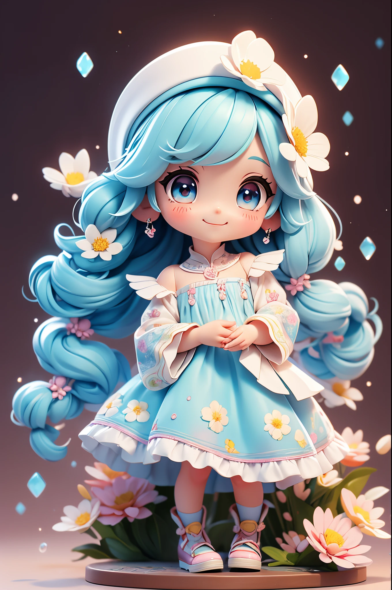 fotoRealstic、Boneca parada na frente da pintura（nendróide）、cabelo longo azul claro、Cauda dupla、adorável sorrindo、Gotas de água nas bochechas、Em uma pose fofa、aquarela Nendoroid、(Figura de alta definição)、Seda iridescente fluida、acima do rosto、Olho para cima、Colorcon com padrão de coração、Padrões florais enfeitam seu coração com as duas mãos、Há também uma flor na frente da pétala abaixo do Nendoroid.....、temporada!!: Invernos☀ 🍂