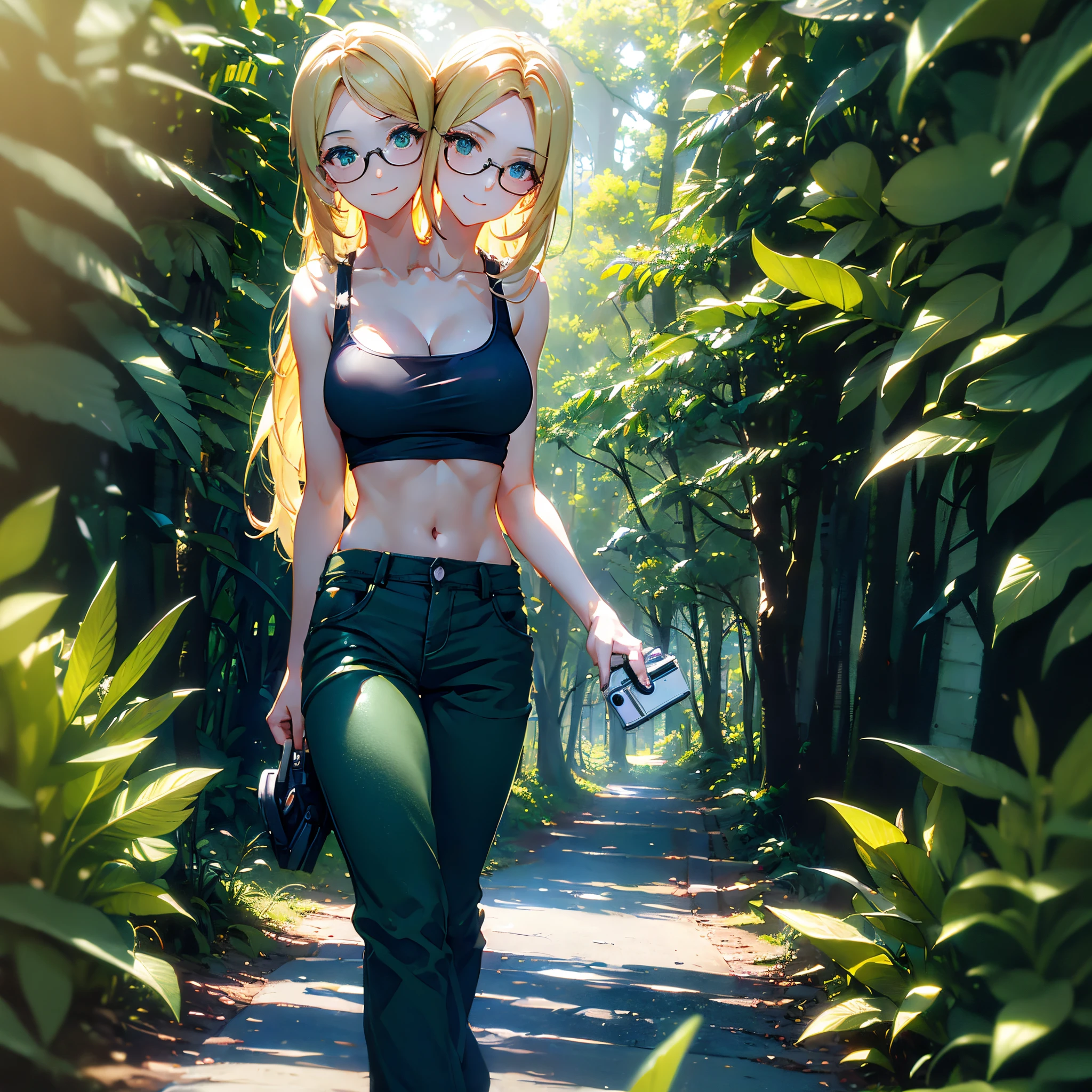 (masterpiece, best quality), best resolution, (2heads:1.5), 1girl, blond hair, green eyes, glasses, relaxed, happy, black tank top, blue long pants, holding a camera, walking through a forest