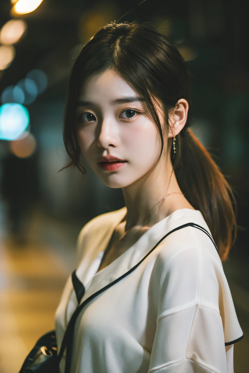 Cinematic Photo of a beautiful korean fashion model bokeh train