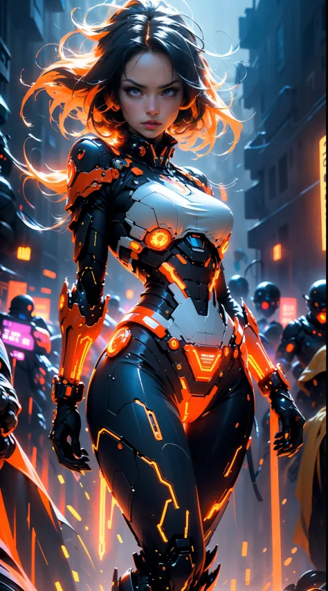 Beautiful woman with centipede features becomes orange and white high-tech mecha superhero，Hands holding high-tech weapons like ...