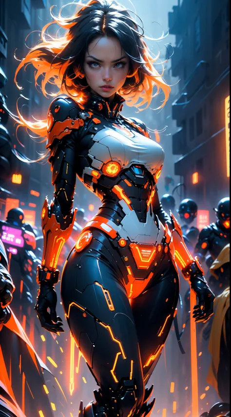 beautiful woman with centipede features becomes orange and white high-tech mecha superhero，hands holding high-tech weapons like ...