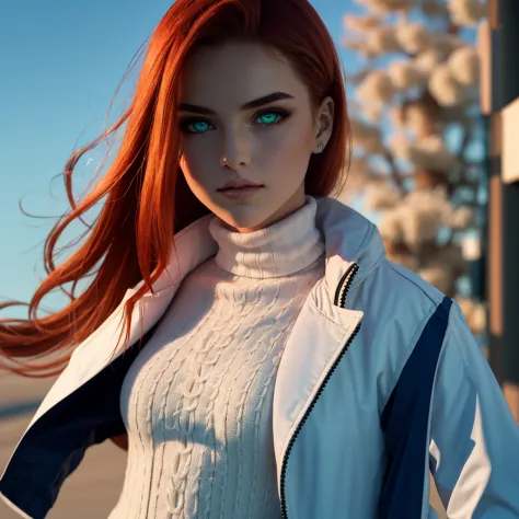 Redhead, full lips, modelesque figure, emarald green eyes, full body, cinematic lighting, white turtleneck, blue jacket