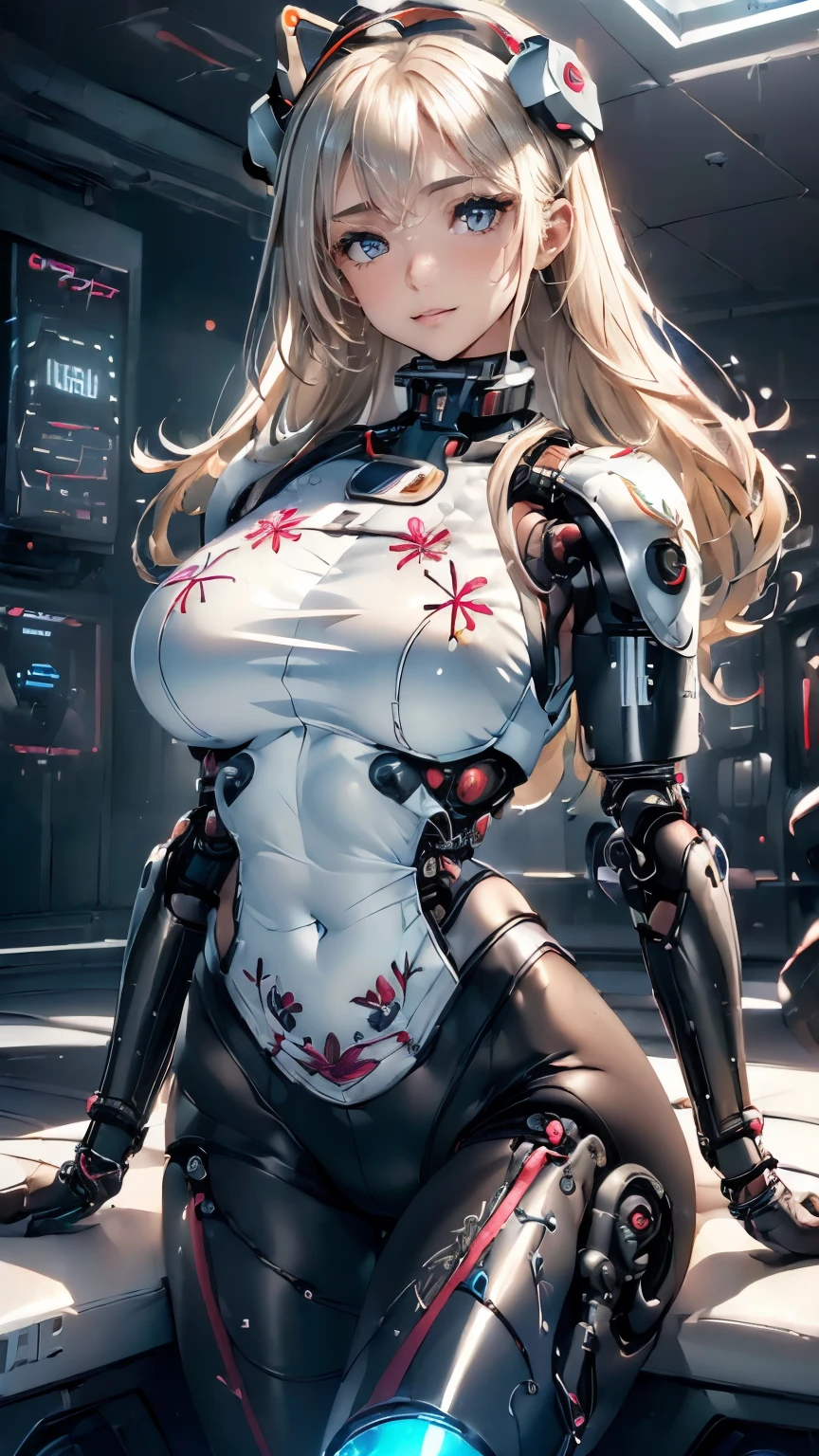 ((1girl in:1.5),(Embroidered cybernetic body:1.5),Large full-breasted mechanical chest armor:1.5)),(Highest image quality, excellent details, Ultra-high resolution, (Realism: 1.4), The best illustrations, favor details, One girl highly condensed,(presence:1.5),(Dynamic:1.5),(Bold:1.5)),(Thin hair:1.8),(Straight hair:1.5),(Swept long bangs:1.5),(very light coppery amber hair),((Hair over one eye:1.2)),riding on motorcycle,the background is a high-tech lighting scene of the futuristic city, (shorth hair:1.3)