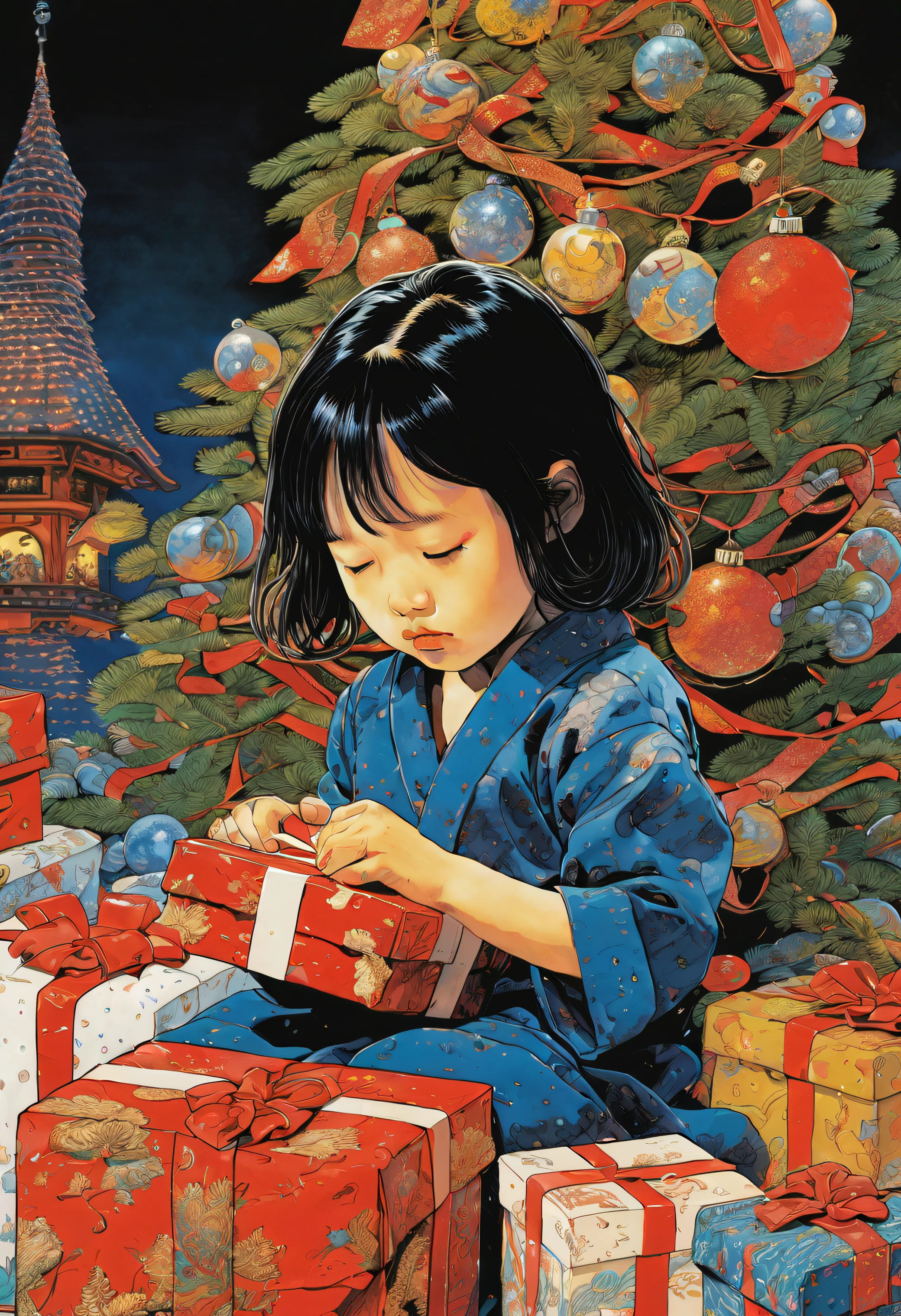 The artwork:Katsuya Terada 8K, hard disk, A masterpiece of precision and precision, Haruka Fukuhara、A work depicting a child sleeping, looking forward to a present from Santa Claus.. A wrapped gift box is near the child&#39;s face, Background with blurred Christmas tree, Create a festive atmosphere, Hyper realistic, elegent,Cinematic lighting, Highly detailed, intense colors, Octane rendering Haruka Fukuhara, Surreal mood, Shimmering rich colors, iridescent accents, Dramatic shadows,Dynamic and atmospheric lighting, Anamorphic Lenses, Sharp Focus, A complex and high-definition masterpiece by Katsuya Terada, in style of katsuya terada